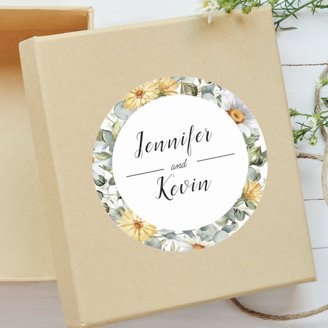 Modern Botanical Greenery Wildflower Wedding Classic Round Sticker (Creator Uploaded)