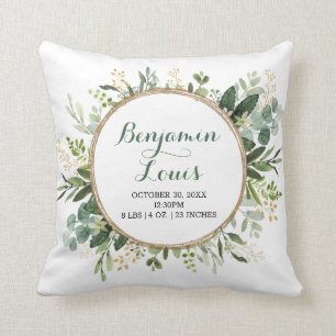 Modern Botanical Greenery Wreath Baby Birth Stats Cushion