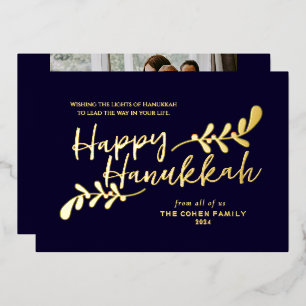 Modern Botanical Hand Lettered Happy Hanukkah Foil Holiday Card