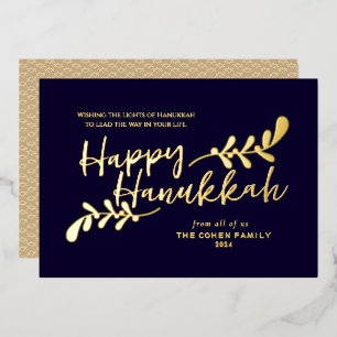 Modern Botanical Hand Lettered Happy Hanukkah Foil Holiday Card