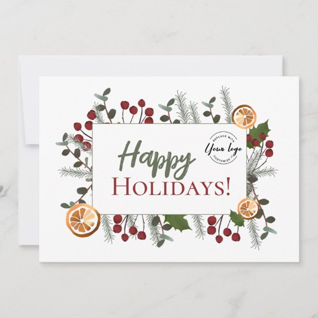 Modern Botanical Happy Holidays Business Logo xmas Holiday Card (Front)