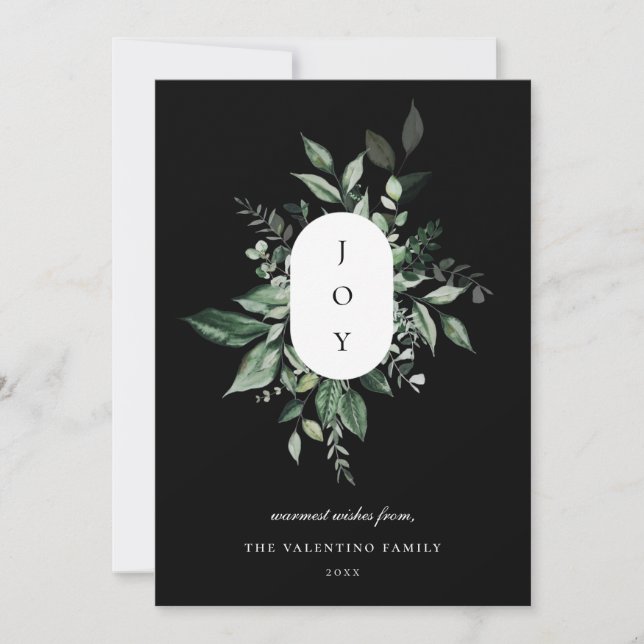 Modern Botanical Joy Holiday Card Black (Front)