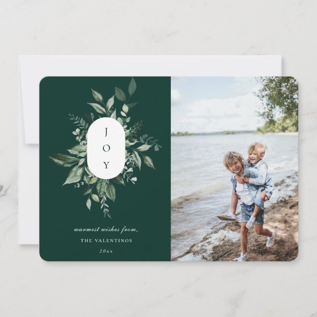 Modern Botanical Joy Photo Holiday Card Green (Front)