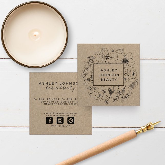 Modern Botanical Kraft and Black Floral Square Business Card (Creator Uploaded)