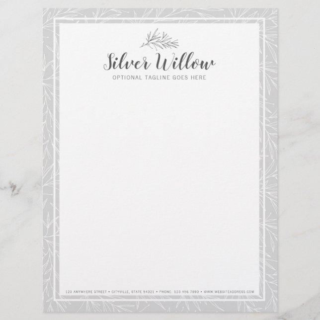 Modern Botanical Leaf Branches Silver Minimalist Letterhead Design (Front)