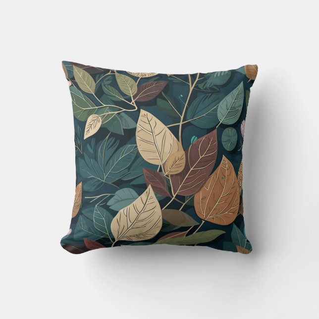 Modern Botanical Leaf Pattern in Earthy Teal  Cushion (Front)