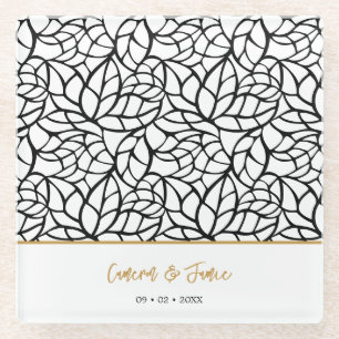 Modern Botanical Leaf Pattern Names Date Glass Coaster