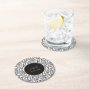 Modern Botanical Leaf Pattern Names Date Round Paper Coaster