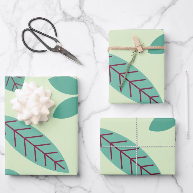 Modern Botanical Leaf Pattern Wrapping Paper Sheet (Front)