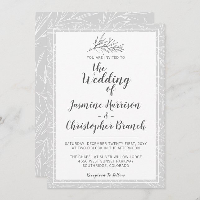 Modern Botanical Leaf Silver Wedding Invitation (Front/Back)