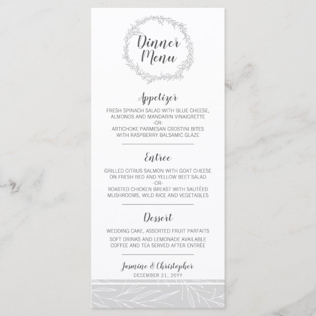 Modern Botanical Leaf Silver Wreath Dinner Menu (Front)