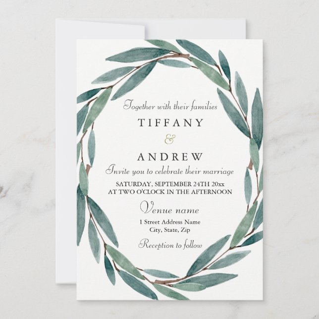 Modern Botanical Leaf Wreath Wedding Invitation (Front)