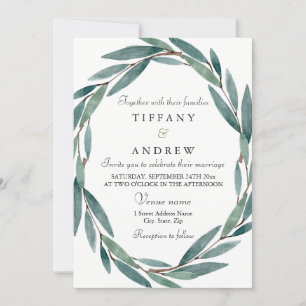 Modern Botanical Leaf Wreath Wedding Invitation