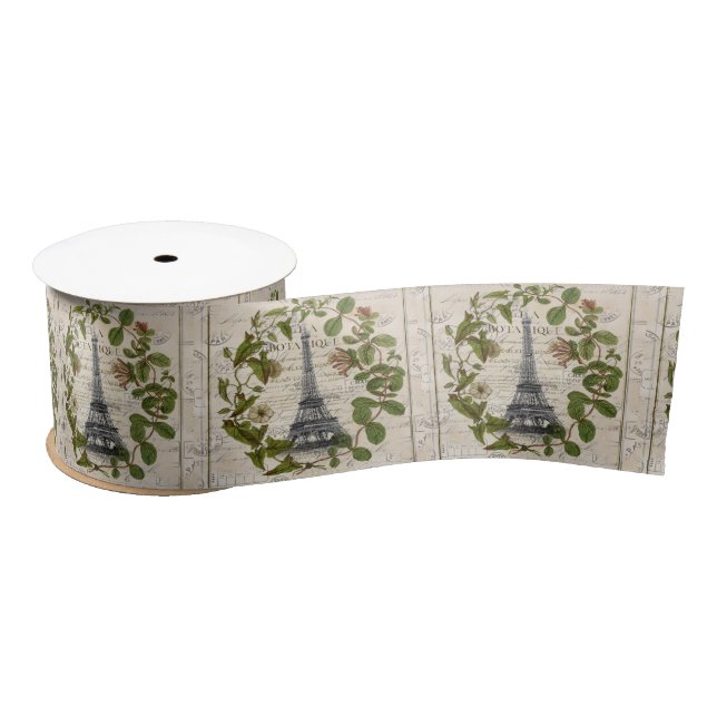 Modern Botanical Leaves French Paris Eiffel Tower  Satin Ribbon (Spool)