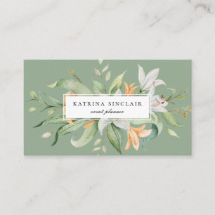 Modern Botanical Lily Floral Sage Green Business Card