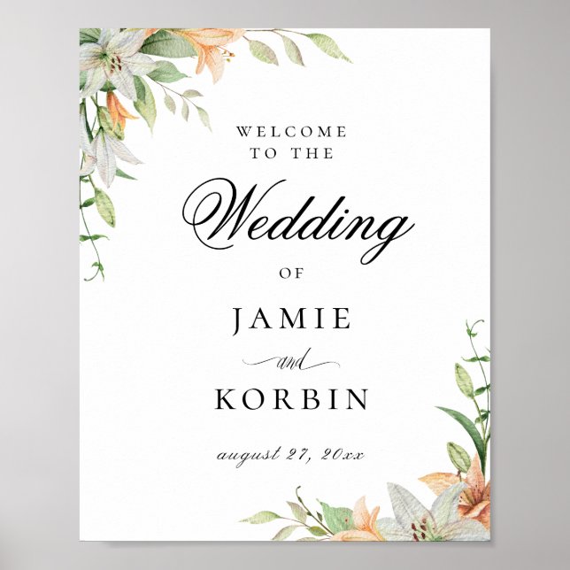 Modern Botanical Lily Floral Wedding Welcome Poster (Front)