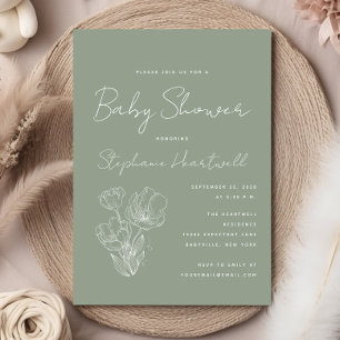 Modern Botanical Line Art Sage Green Baby Shower Invitation