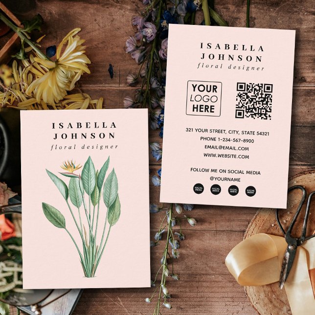Modern Botanical Logo Pink QR Code Social Media Business Card (Modern Botanical Logo Pink QR Code Social Media Business Card)