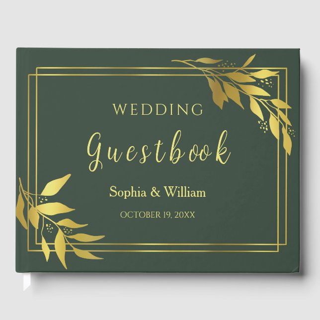 Modern Botanical Minimalist Green Royal Wedding Guest Book (Front)
