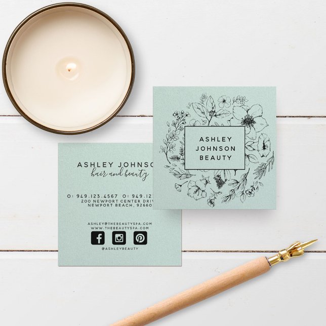 Modern Botanical Mint and Black Square Business Card (Creator Uploaded)