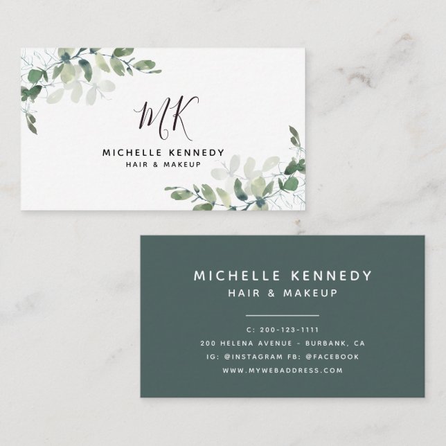 Modern Botanical Monogram Hair + Makeup Artist Business Card (Front/Back)