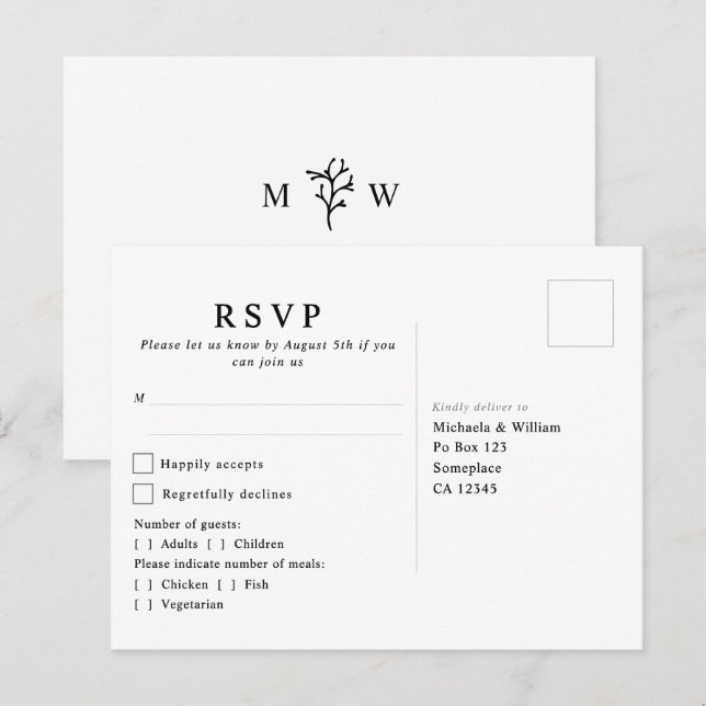 Modern Botanical Monogram Wedding RSVP Postcard (Front/Back)