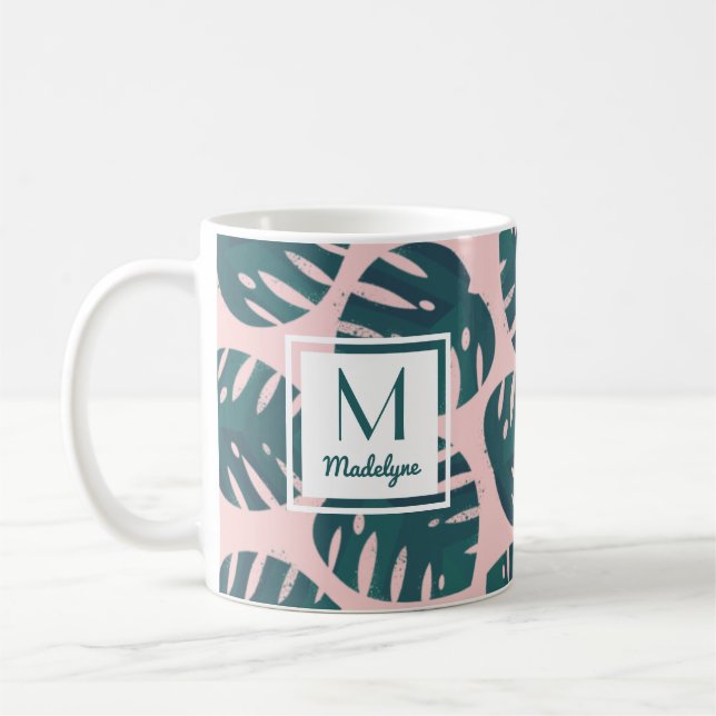 Modern Botanical Monstera Leaf Personalised Coffee Mug (Left)