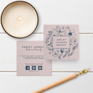 Modern Botanical Navy Blue + Blush Pink Square  Square Business Card