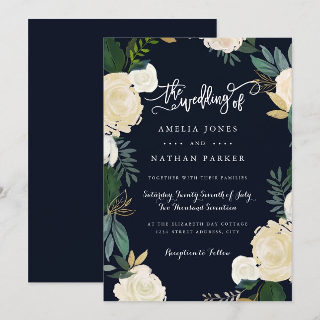 Modern Botanical Navy Wedding Invitation (Front/Back)