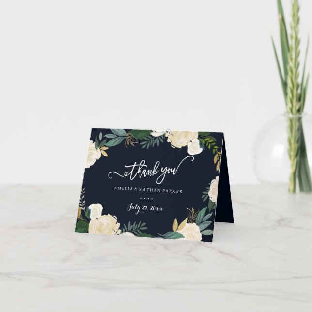 Modern Botanical Navy Wedding Thank You Card (Front)