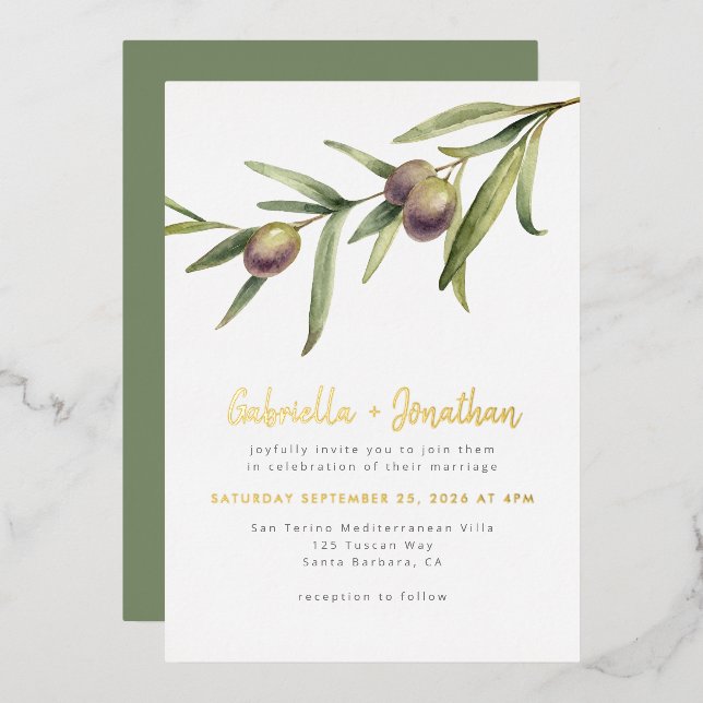 Modern Botanical Olive Branch Wedding Gold  (Front/Back)