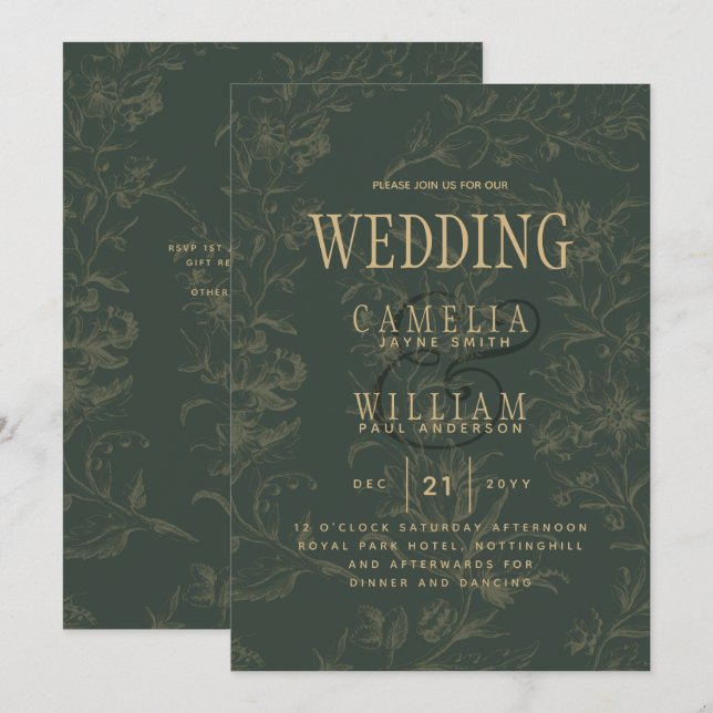 Modern BOTANICAL OLIVE Green Gold Wedding Invitation (Front/Back)