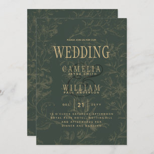 Modern BOTANICAL OLIVE Green Gold Wedding Invitation