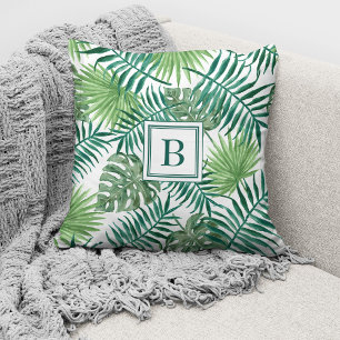Modern Botanical Palm Leaves Monogram Cushion