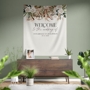 Modern botanical pampas eucalyptus wedding welcome tapestry