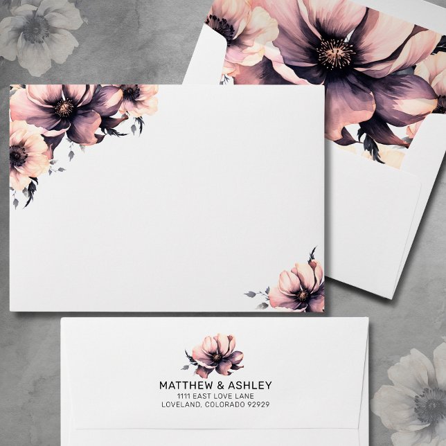 Modern Botanical Pink Floral Wedding Envelope (Chic Modern Watercolor Boho Floral Pink Wedding envelope)