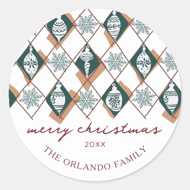 Modern Botanical Red Green Family Merry Christmas Classic Round Sticker (Front)