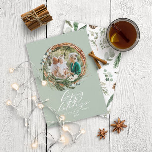 Modern botanical sage green 1 photo Christmas Holiday Card