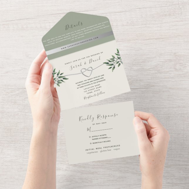 Modern Botanical Sage Green Wedding All In One Invitation (Tearaway)