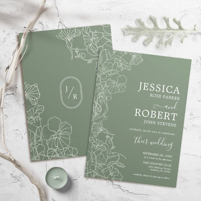 Modern Botanical Sage Green Wedding Minimalist Invitation (Creator Uploaded)