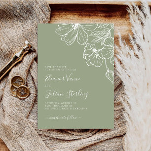 Modern Botanical Sage & White Line Art Save The Date