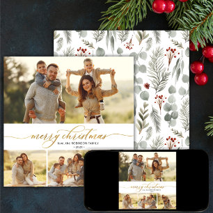 Modern Botanical Script 4 Multi Photo Christmas Holiday Card