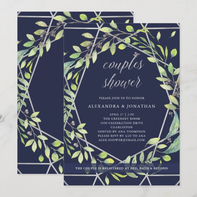 Modern Botanical | Silver and Blue Couples Shower Invitation (Front/Back)