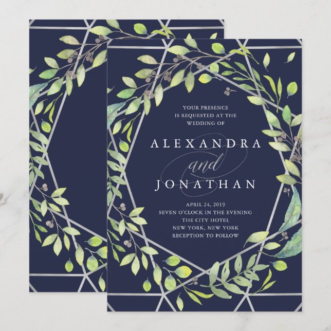 Modern Botanical | Silver Look Wedding Invitation (Front/Back)