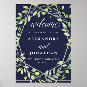 Modern Botanical Silver Look Wedding Welcome Sign