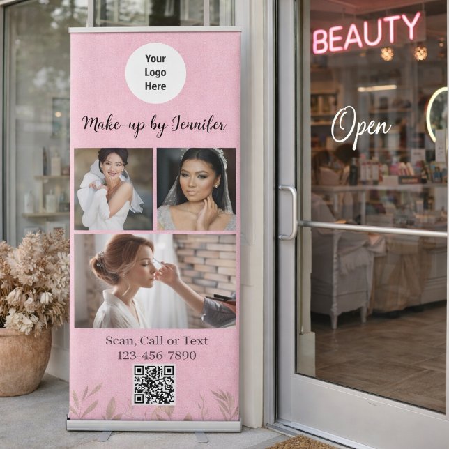 Modern Botanical Soft Pink Boho Photo QR Code   Retractable Banner (Creator Uploaded)