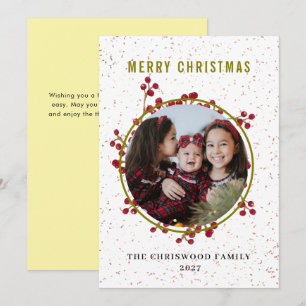 Modern Botanical Speckled Merry Christmas Photo Holiday Card