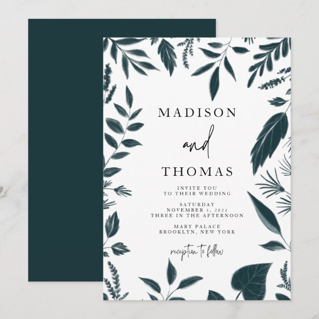 Modern Botanical Teal Blue Wedding Invitation (Front/Back)