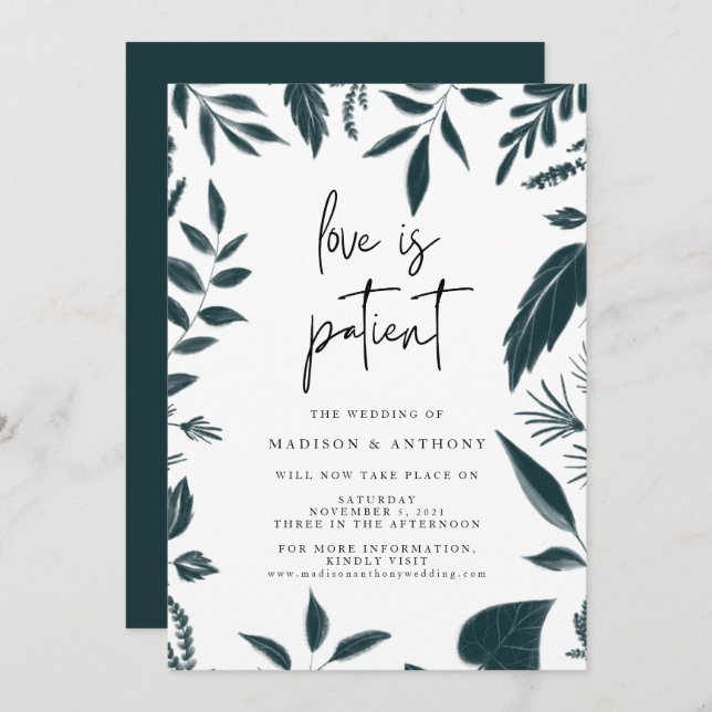 Modern Botanical Teal Blue Wedding Postponement Invitation (Front/Back)