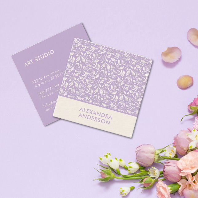 Modern Botanical Violet Leaves Pattern Lavender Square Business Card (Modern Botanical Violet Leaves Pattern Lavender Square Business Card)
